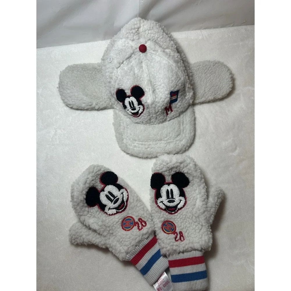 White sherpa fleece Disney Mickey Mouse hat and mittens cold weather set